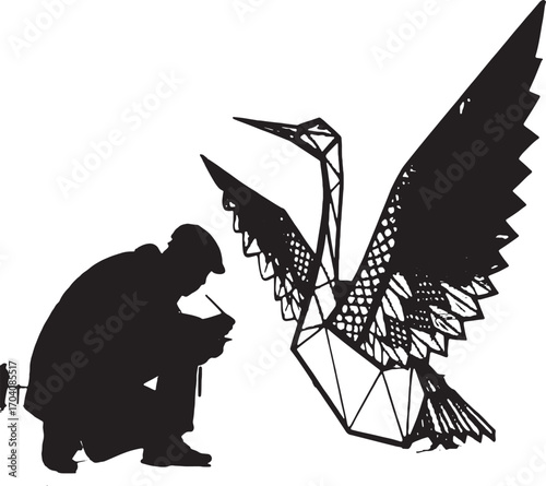 Artistic Vision: Silhouette of an artist meticulously crafting an intricate origami crane, a captivating display of creativity, skill, and dedication. 
