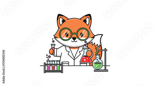 Clever Fox Cartoon Scientist Conducting Playful Experiments in a Bright Laboratory for Innovative Biology Research