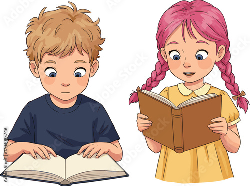 A cute illustration of two diverse children, a boy and a girl, reading books together.