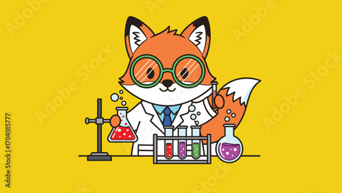Clever Fox Cartoon Scientist in a Whimsical Laboratory  A Joyful Illustration of Scientific Discovery