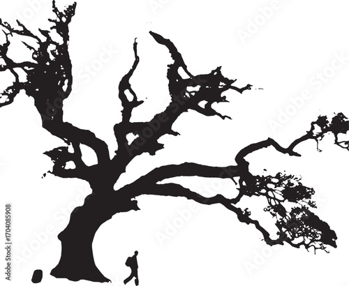 Silhouetted Wanderer and Majestic Tree: A dramatic silhouette of a weathered tree stretches towards the sky, its gnarled branches contrasting against the stark backdrop. Beneath the tree.