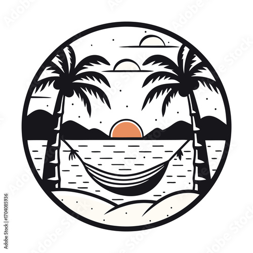Circular Beach Paradise Illustration with Palm Trees and Hammock Serene Tropical Getaway Artwork Calm Holiday Scene