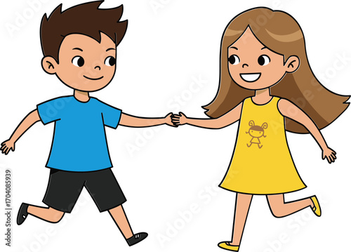 Happy diverse children standing together with smiling faces, a young boy and a girl.