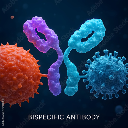 A 3D render shows a Y shaped bispecific antibody connecting two different cells. This illustrates targeted immunotherapy for disease treatment and research.