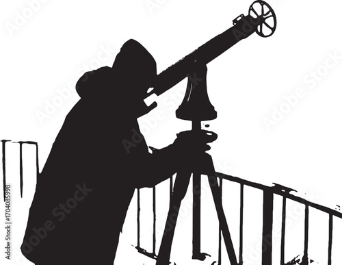 Astronomer in Silhouette: A silhouetted figure peers intently through a vintage telescope, capturing the awe and wonder of space exploration, observing the cosmos.