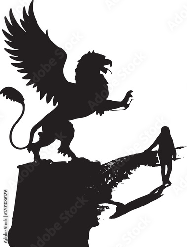 Mystical Silhouette: A striking silhouette of a majestic griffin with outspread wings, stands alongside a human, hinting at a narrative of wonder and fantasy.