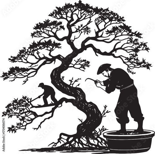 Harmony of Man and Nature: A meticulously crafted bonsai tree, meticulously trimmed by two individuals, epitomizes the art of patience and the beauty of cultivation.