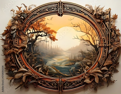 Ornate carved wooden frame encloses a landscape painting
