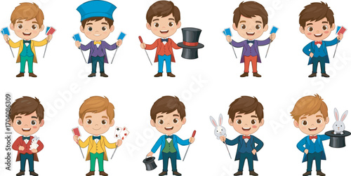 Cartoon magician performing magic tricks with cards, rabbit, and hat in various poses for entertainment, education, and vector design use