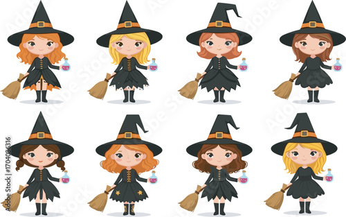 Cartoon witches with colorful potions and broomsticks in black outfits, magical Halloween fantasy characters for spooky seasonal vector illustration.