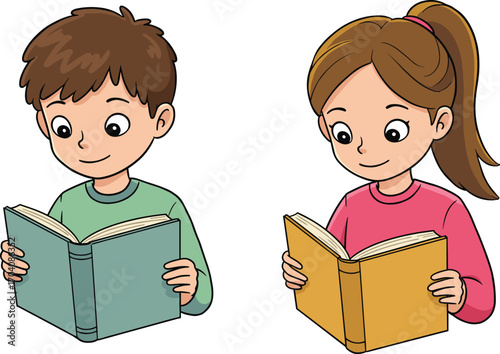 A cute illustration of two diverse children, a boy and a girl, reading books together.