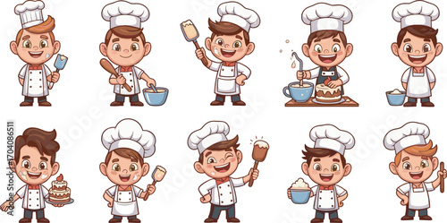 Cartoon male chefs cooking and baking with utensils, food, cake, bowls, aprons, hats, kitchen tools, vector illustration set