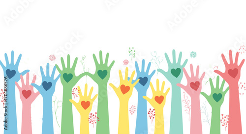 Diverse hands reaching up with hearts, symbolizing love, unity, and community support