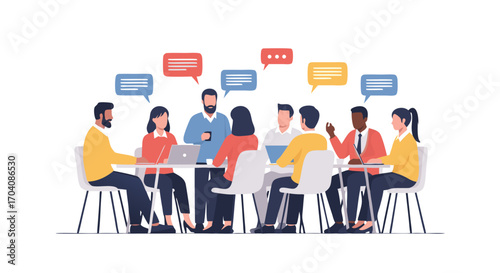 Diverse team collaborating on project ideas during a brainstorming session with speech bubbles