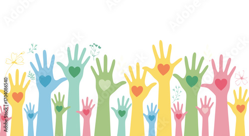 Colorful hands raised in support, expressing love, unity, and community spirit with hearts