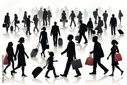 Silhouettes of people walking with luggage and bags in a crowded airport or train station scene