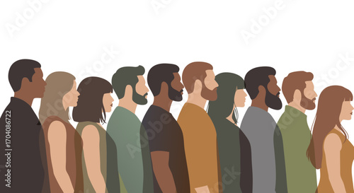 Diverse group of people standing together, representing unity and community spirit.