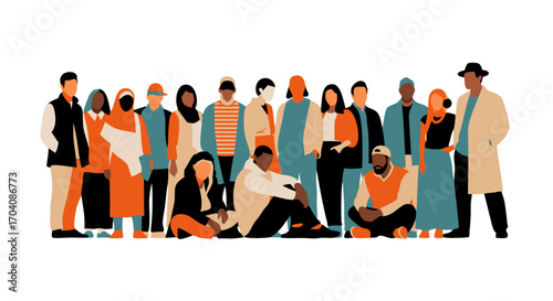 Diverse group of people standing together, representing unity, community, and inclusivity in modern style