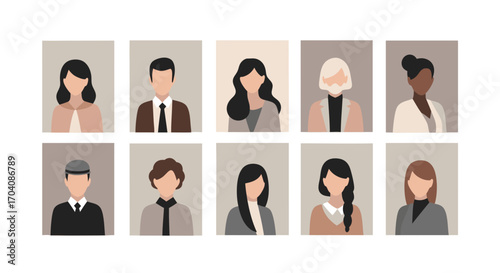 Diverse group of stylized portraits representing various professions and demographics