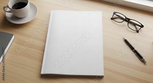 Aerial view of a blank white magazine cover on a wooden desk with office supplies. A clean minimalist workspace mockup with copy space for design or branding presentation