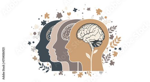 Human brain illustration with puzzle pieces representing mental health and wellness concepts