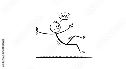 Stick figure falling, 'oof' speech bubble. Simple cartoon illustration of an accident, slip, or losing balance.