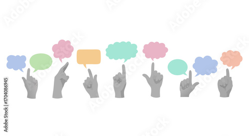 Colorful speech bubbles with hands pointing up, perfect for conveying ideas and thoughts