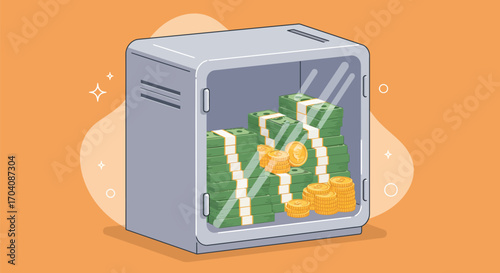 Secure savings: money stacks and coins in a transparent strongbox illustration