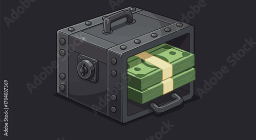 Illustrative metal cash box filled with stacks of vibrant green paper money