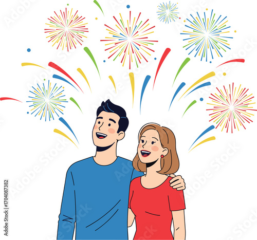 Happy couple watching fireworks, celebration background, festive event illustration, night sky, colorful sparks, holiday joy, romantic moment vector
