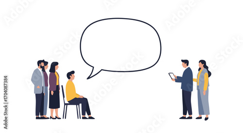 Business team discussing ideas with speech bubble for presentation or brainstorming session