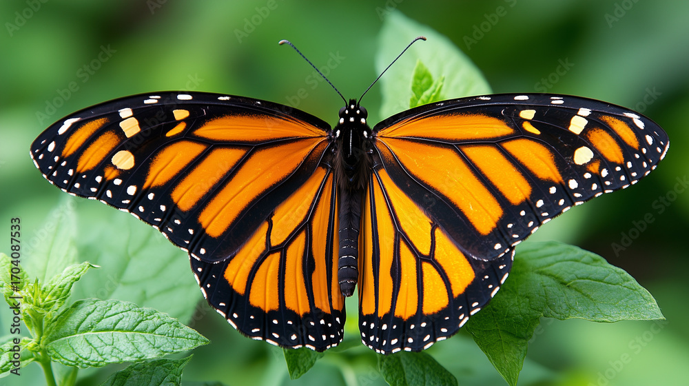 Fototapeta premium A vibrant orange and black butterfly with open wings rests peacefully on fresh green leaves in a beautiful natural setting.