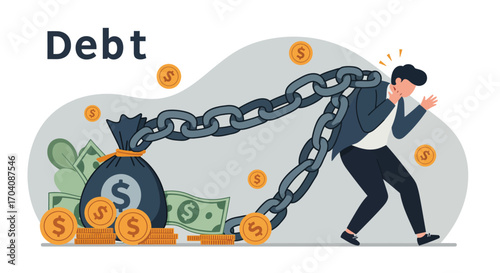 Struggling under financial burden: Cartoon of debt chained to a person
