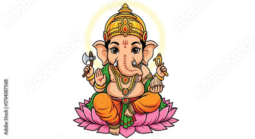 Cartoon illustration of Lord Ganesha sitting on a pink lotus flower with golden halo, holding axe and sweet.