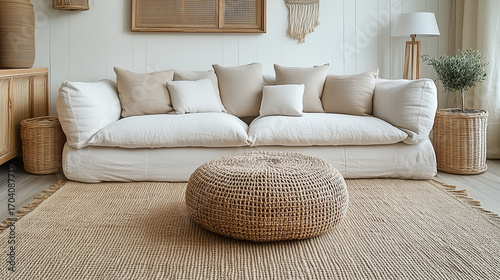 A stylish bohemian living room features a comfortable large white sofa, natural jute rug, woven pouf, and decorative plant accents.