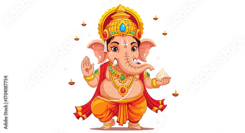 Cartoon depiction of Hindu god Ganesha, adorned in traditional attire, holding a sweet.