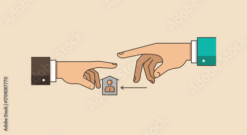Conceptual illustration of real estate acquisition with pointing fingers