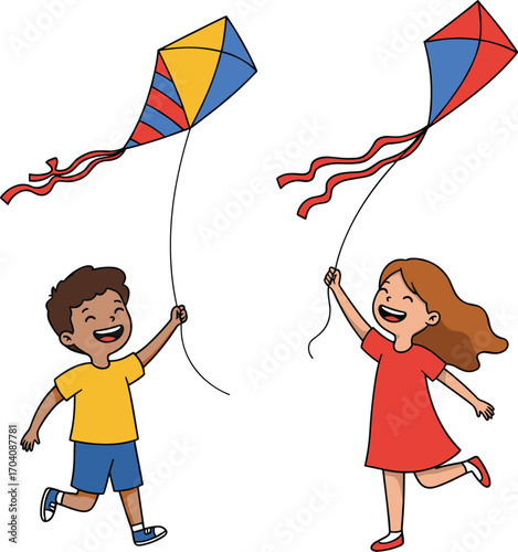Happy diverse kids flying kites together outdoors on a summer day.