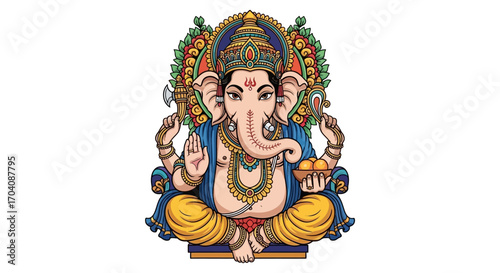 Illustration of the Hindu god Ganesha seated in a lotus position, holding a tusk, axe, and sweets, adorned with jewelry and a decorative halo.
