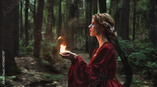 A woman walks through a forest carrying a bowl of flame