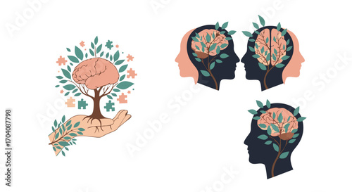 Human brain with tree symbolizing mental health, growth, and connection in a modern design