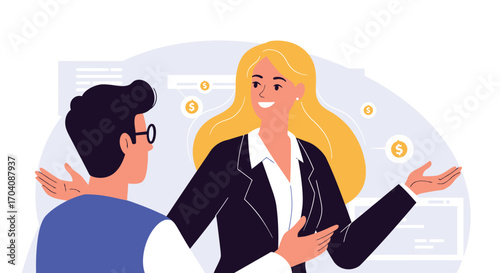 Investment pitch conversation between businesswoman and investor in a startup