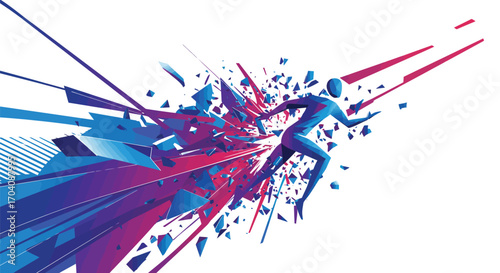 Dynamic figure shattering barriers, symbolizing progress and innovation