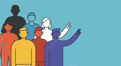 Diverse group of people pointing towards the future opportunities ahead