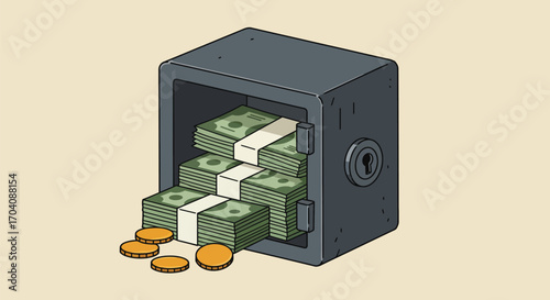 Isometric illustration depicting a metal safe overflowing with stacks of cash