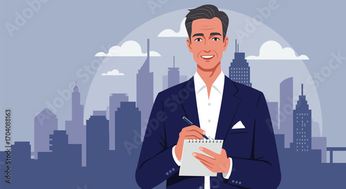 Successful businessman taking notes with cityscape background vector design