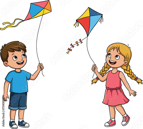 Happy diverse kids flying kites together outdoors on a summer day.