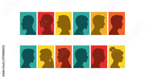 Diverse collection of colorful silhouettes representing various people and profiles for design use