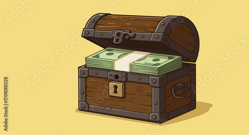 Illustration of vintage wooden treasure chest overflowing with cash