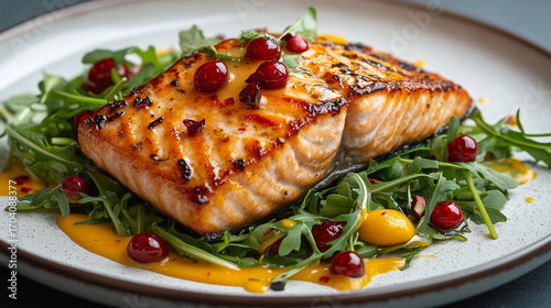 Grilled salmon fillet served on fresh green arugula with sweet red cranberries and a creamy yellow sauce, ready to eat.